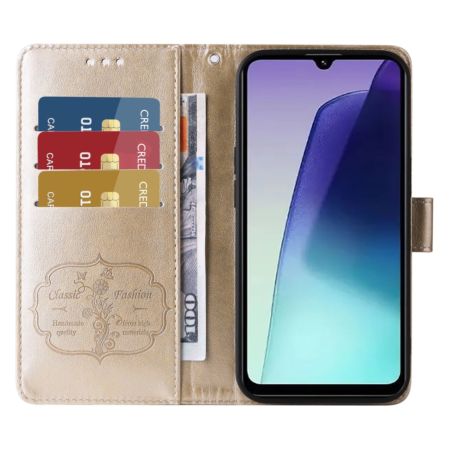 For Redmi 14C Embossed Butterfly Flowers Leather Phone Case(Gold)