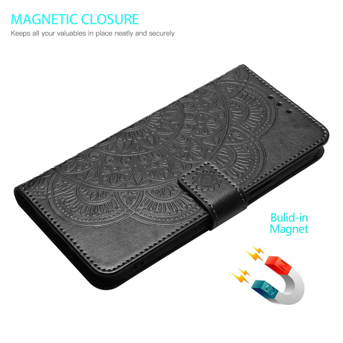 Compatible with iPhone 18 Pro Max Flower Embossed Leather Phone Case - Black