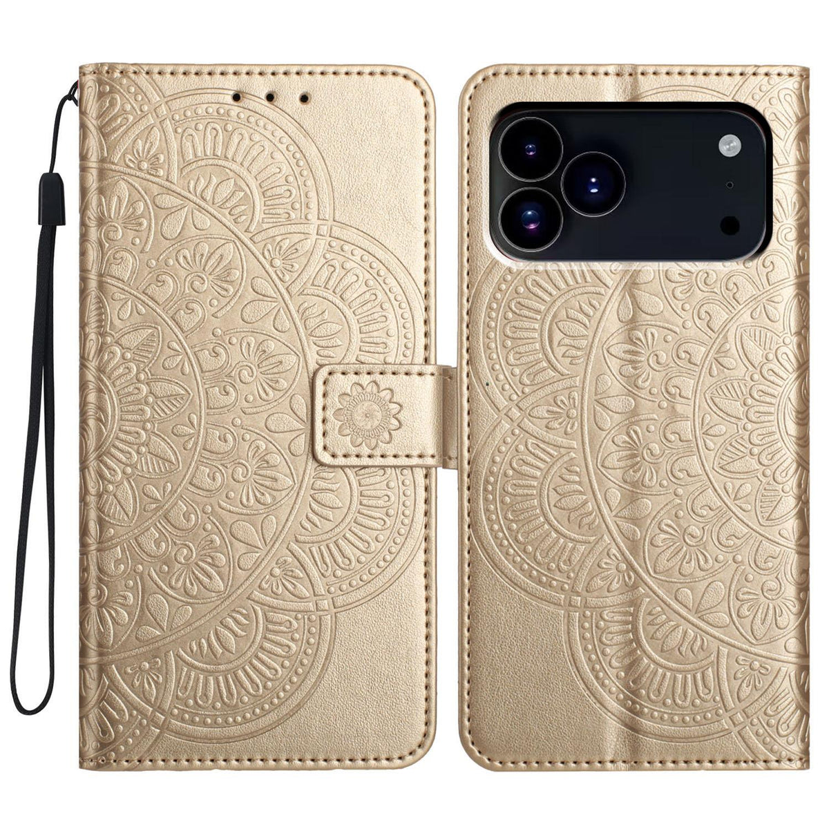 Compatible with iPhone 18 Pro Flower Embossed Leather Phone Case - Gold