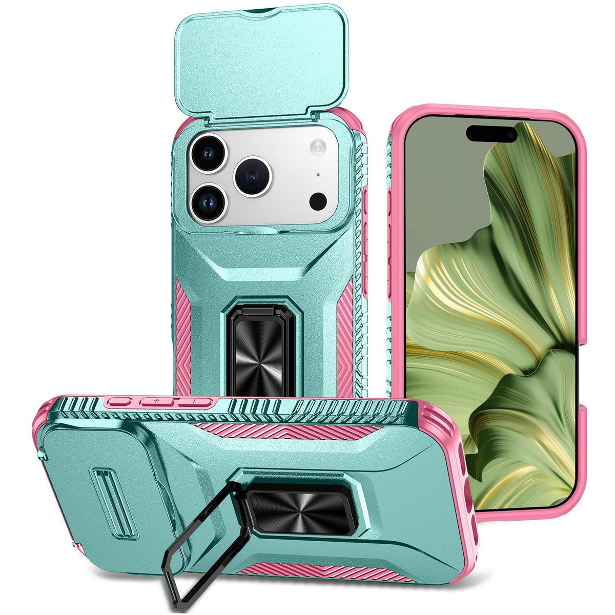Compatible with iPhone 18 Pro Max Sliding Camshield Holder Phone Case - Pink + Grey Green