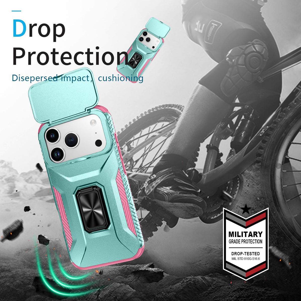 Compatible with iPhone 18 Pro Max Sliding Camshield Holder Phone Case - Pink + Grey Green