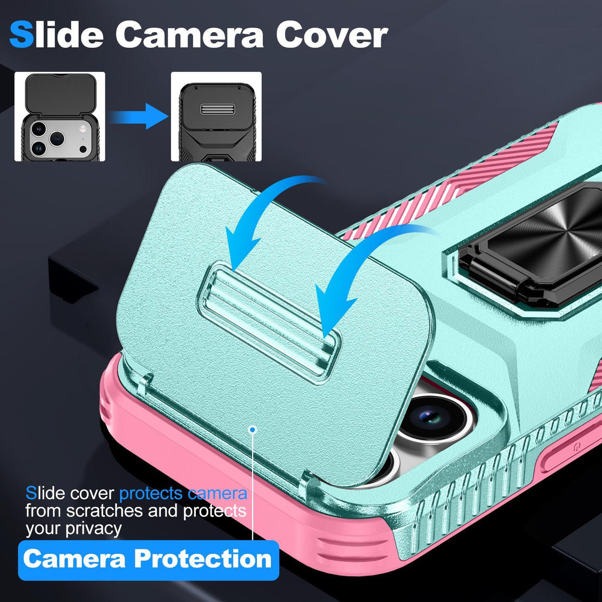Compatible with iPhone 18 Pro Max Sliding Camshield Holder Phone Case - Pink + Grey Green
