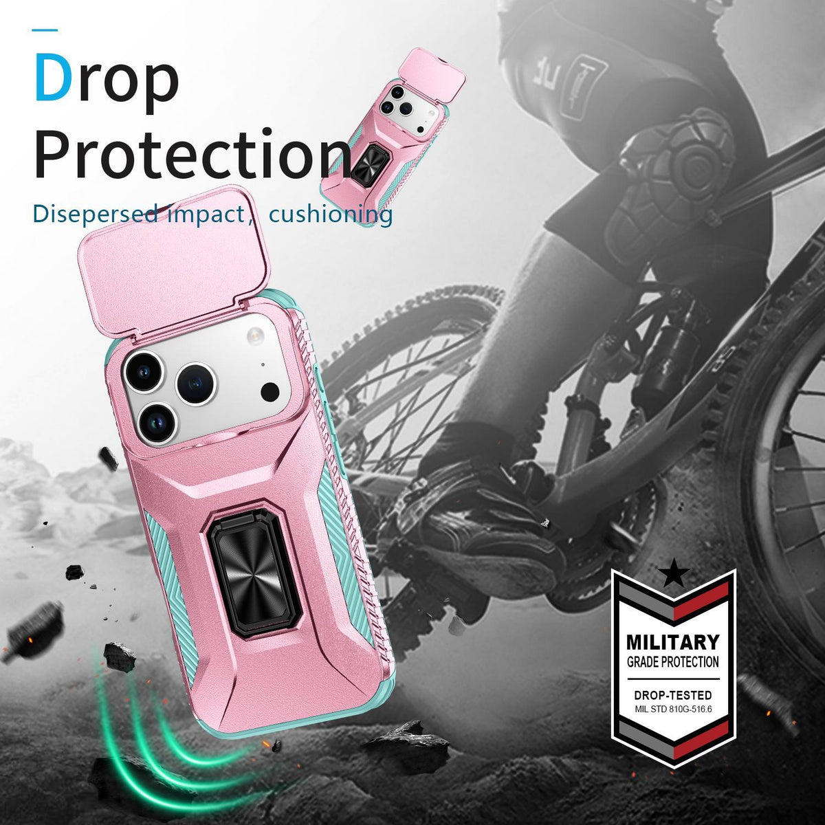 Compatible with iPhone 18 Pro Max Sliding Camshield Holder Phone Case - Grey Green + Pink