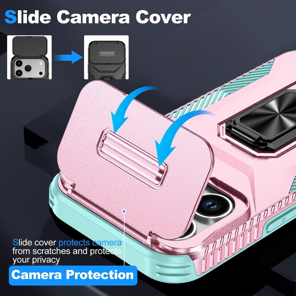 Compatible with iPhone 18 Pro Max Sliding Camshield Holder Phone Case - Grey Green + Pink