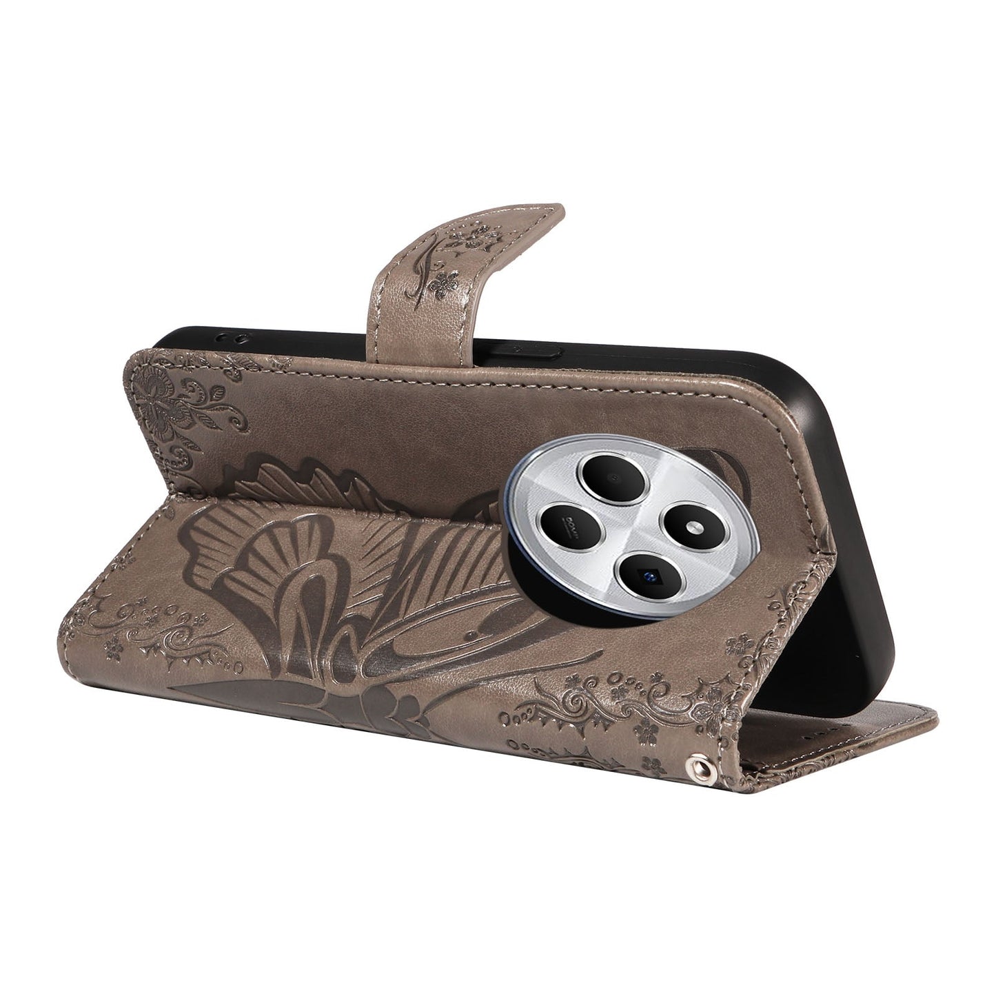 For Redmi 14C 4G Swallowtail Butterfly Embossed Leather Phone Case(Grey)