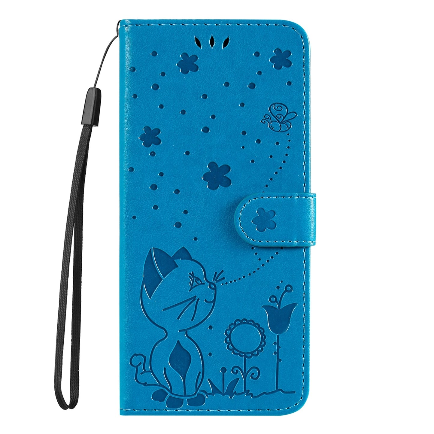 For Redmi 14C 4G Global Cat and Bee Embossed Flip Leather Phone Case(Blue)