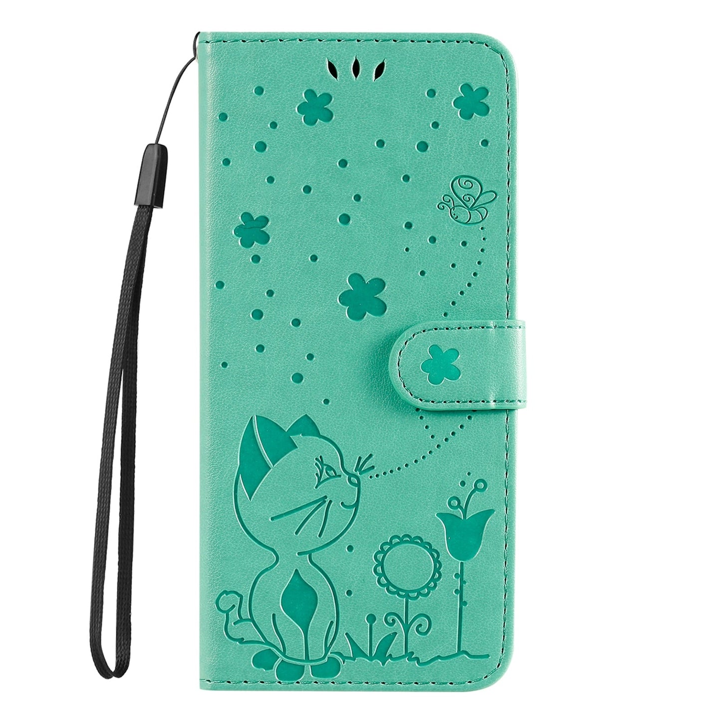 For Redmi 14C 4G Global Cat and Bee Embossed Flip Leather Phone Case(Green)