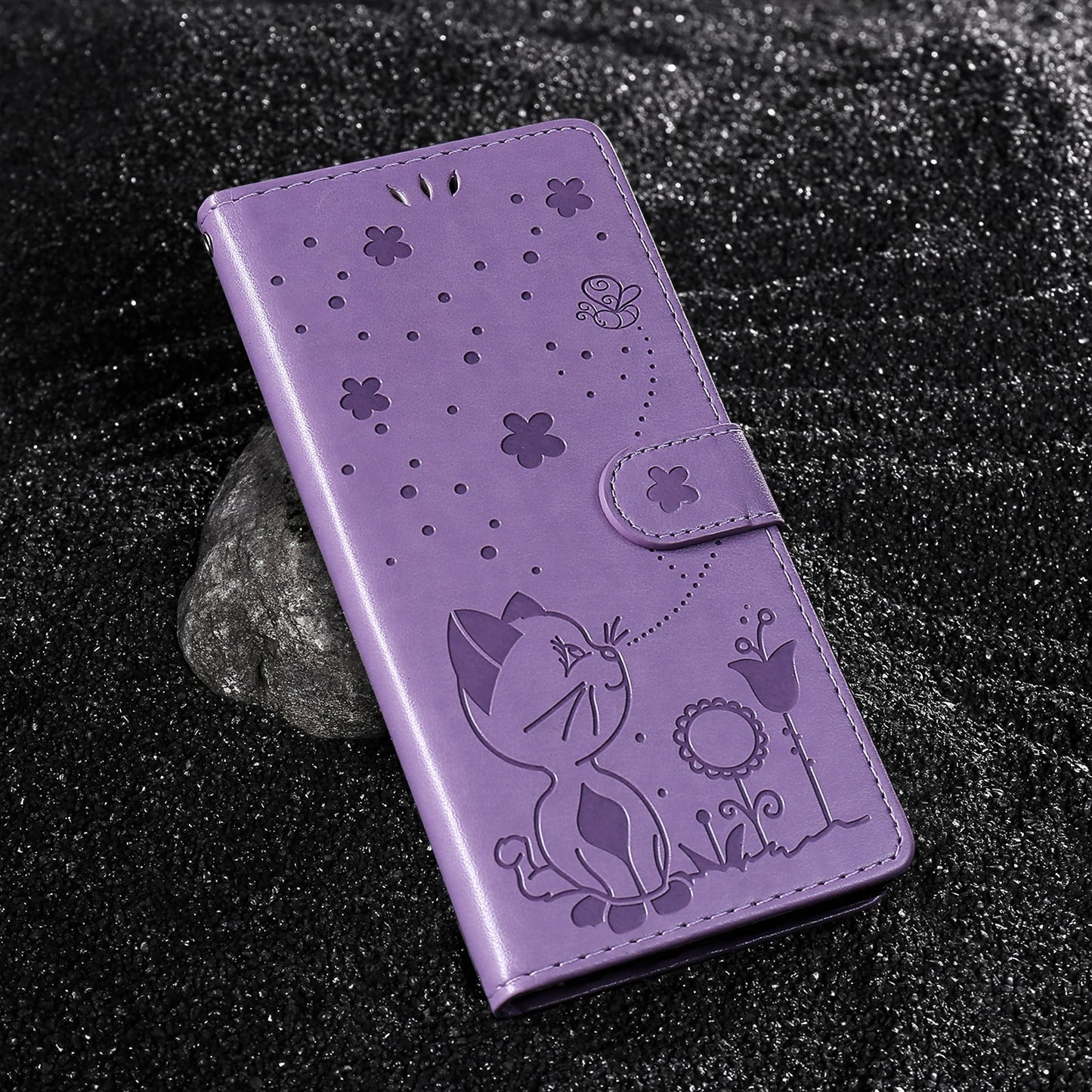 For Redmi 14C 4G Global Cat and Bee Embossed Flip Leather Phone Case(Purple)