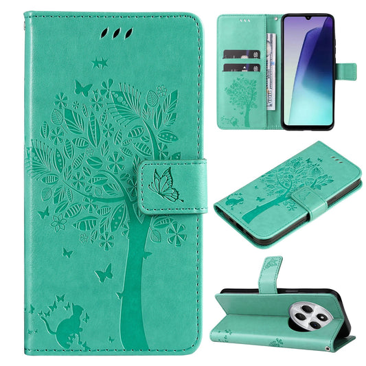 For Redmi 14C 4G Global Tree & Cat Embossed Pattern Flip Leather Phone Case(Green)