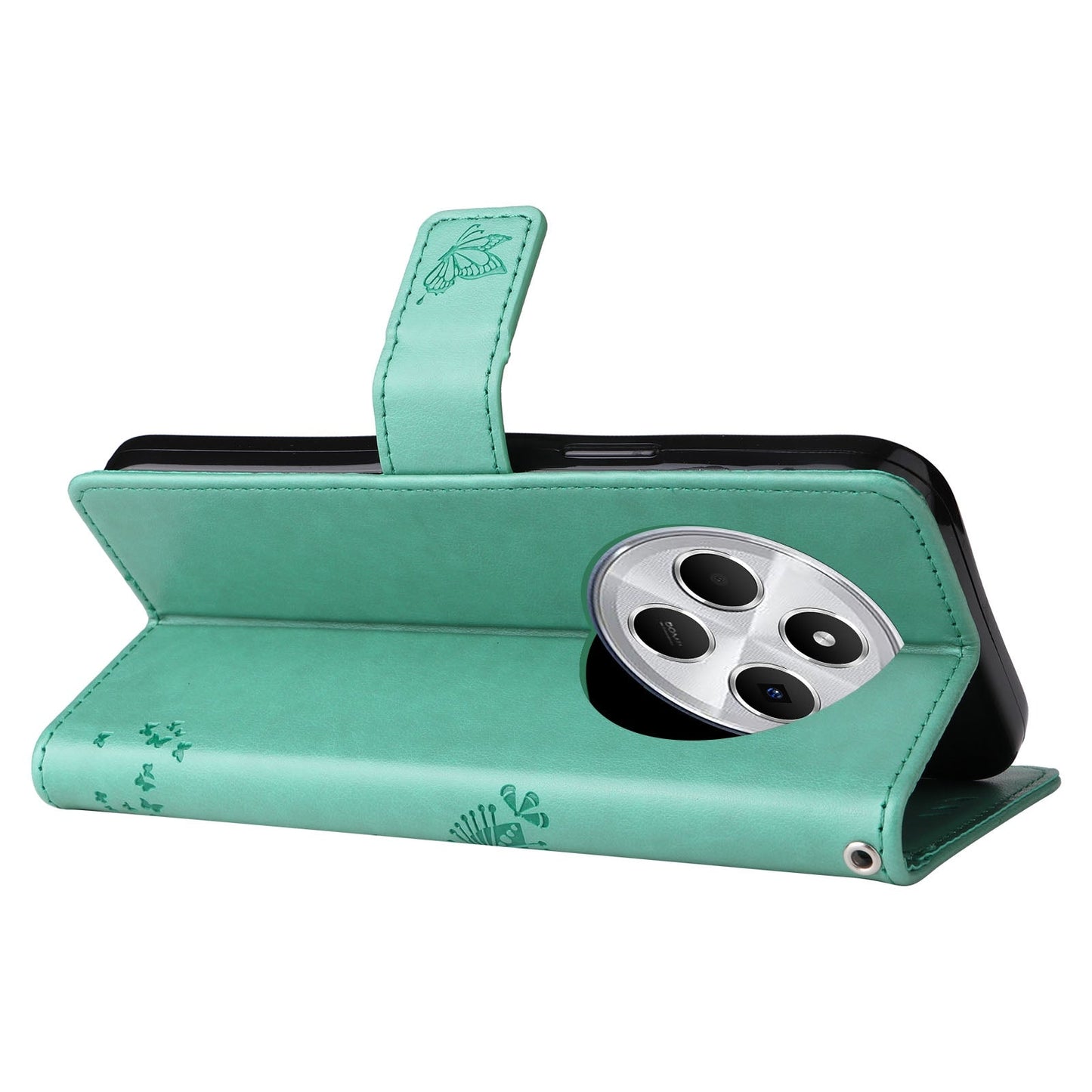 For Redmi 14C 4G Global Tree & Cat Embossed Pattern Flip Leather Phone Case(Green)