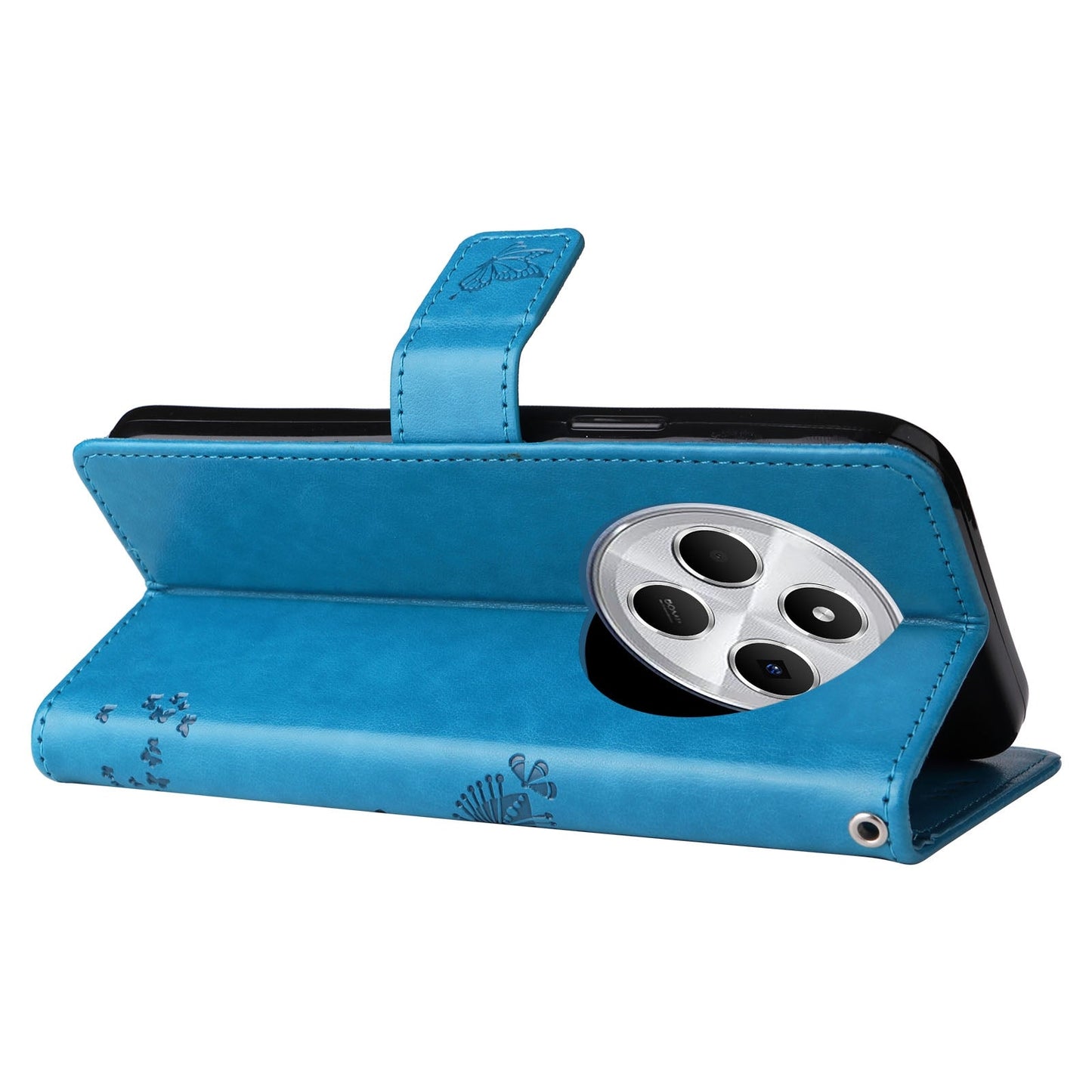 For Redmi 14C 4G Global Tree & Cat Embossed Pattern Flip Leather Phone Case(Blue)