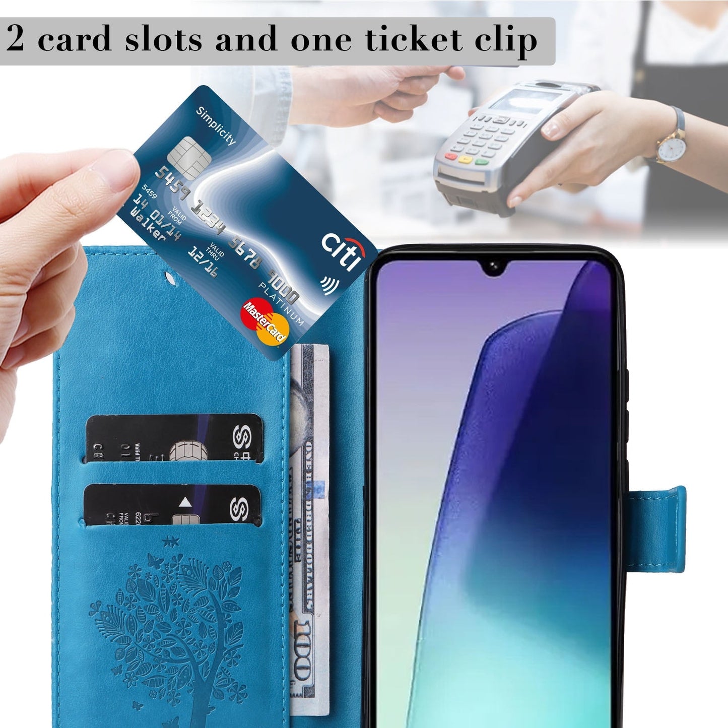 For Redmi 14C 4G Global Tree & Cat Embossed Pattern Flip Leather Phone Case(Blue)