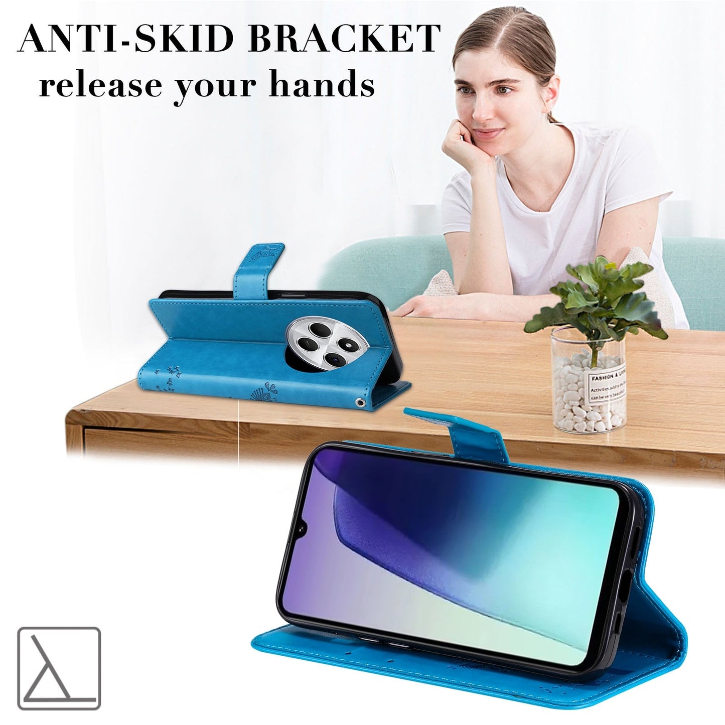 For Redmi 14C 4G Global Tree & Cat Embossed Pattern Flip Leather Phone Case(Blue)