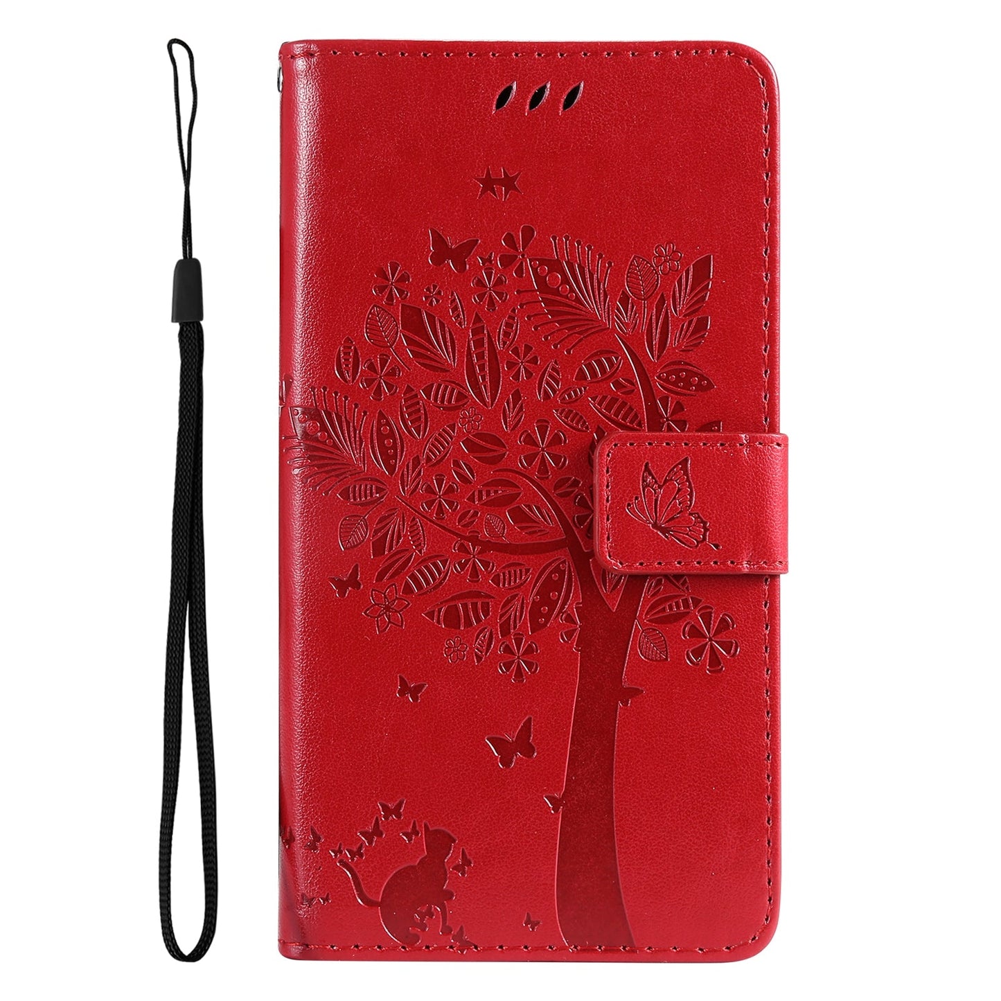 For Redmi 14C 4G Global Tree & Cat Embossed Pattern Flip Leather Phone Case(Red)