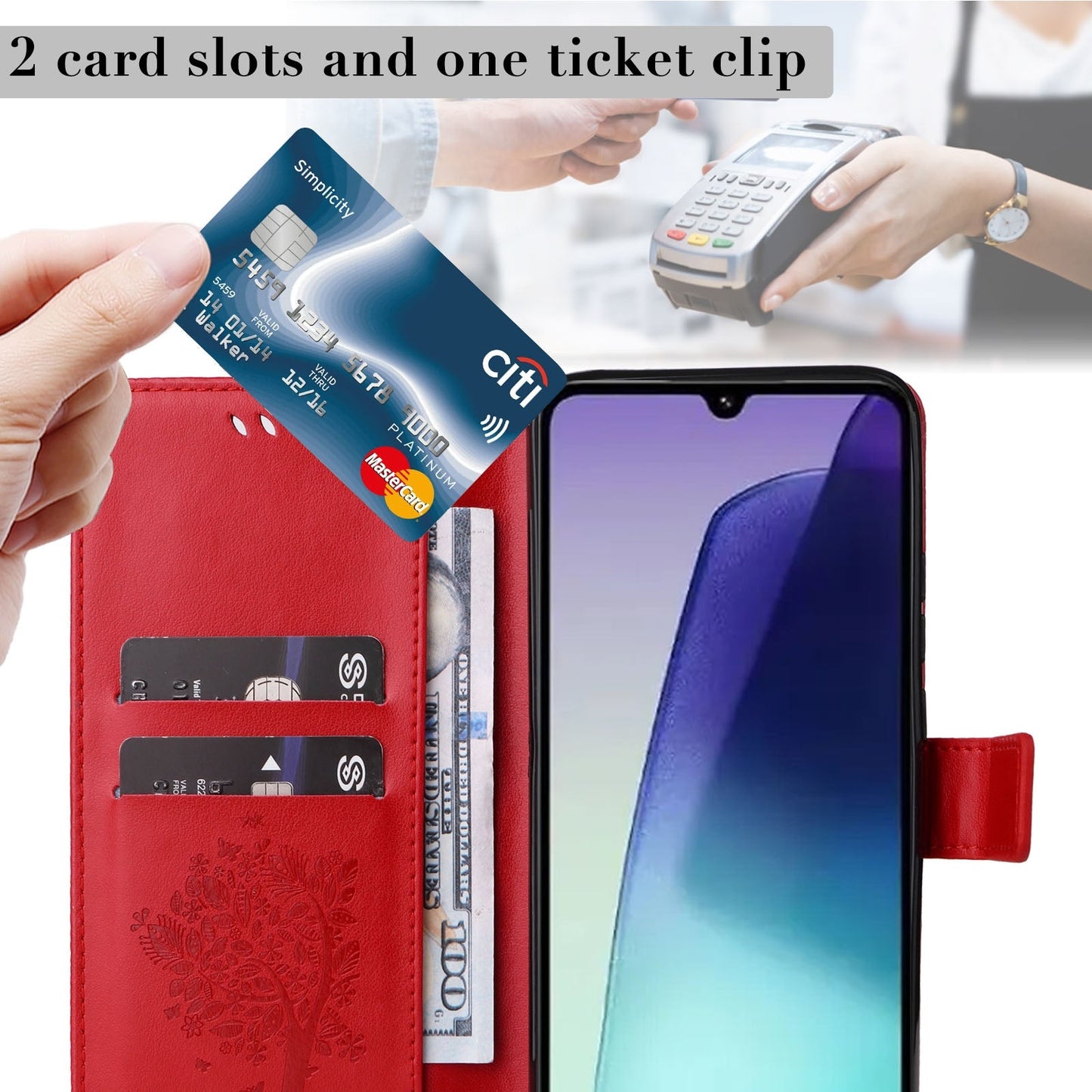 For Redmi 14C 4G Global Tree & Cat Embossed Pattern Flip Leather Phone Case(Red)