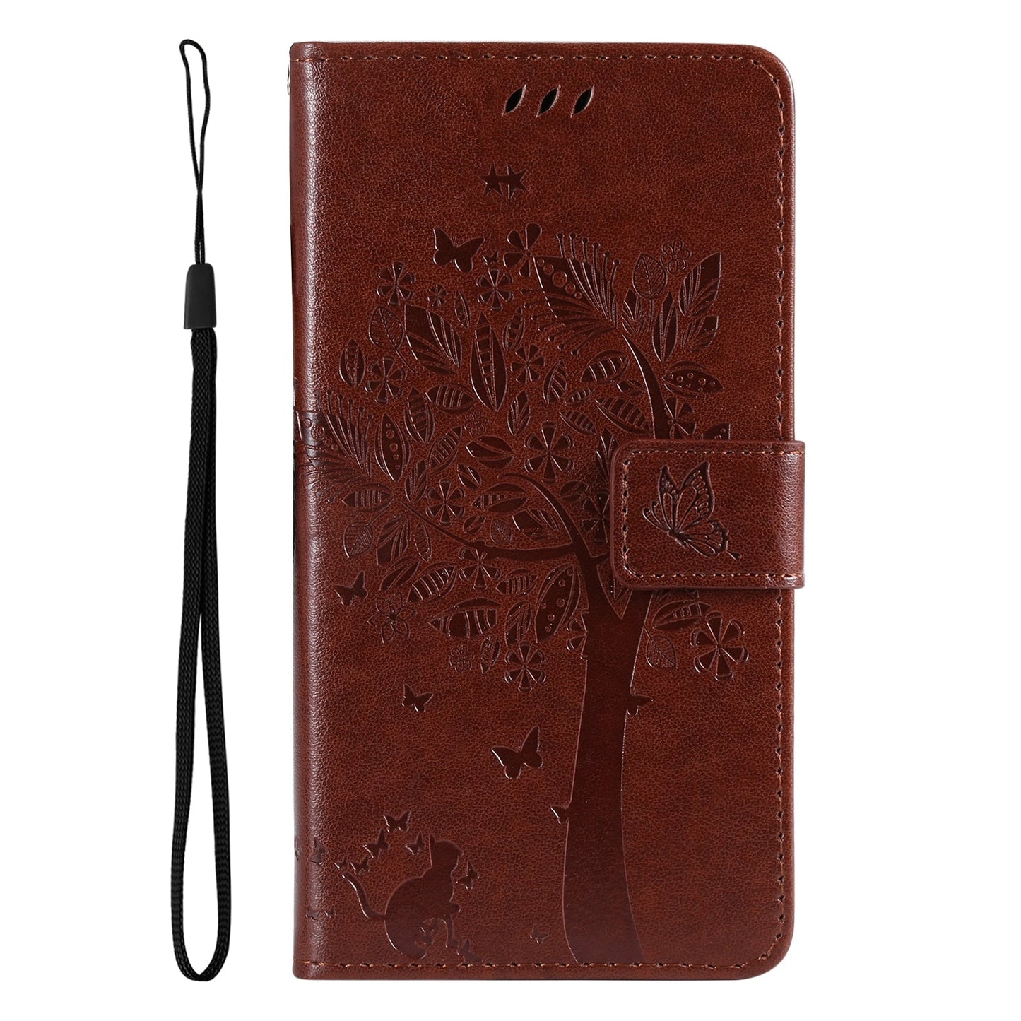 For Redmi 14C 4G Global Tree & Cat Embossed Pattern Flip Leather Phone Case(Coffee)
