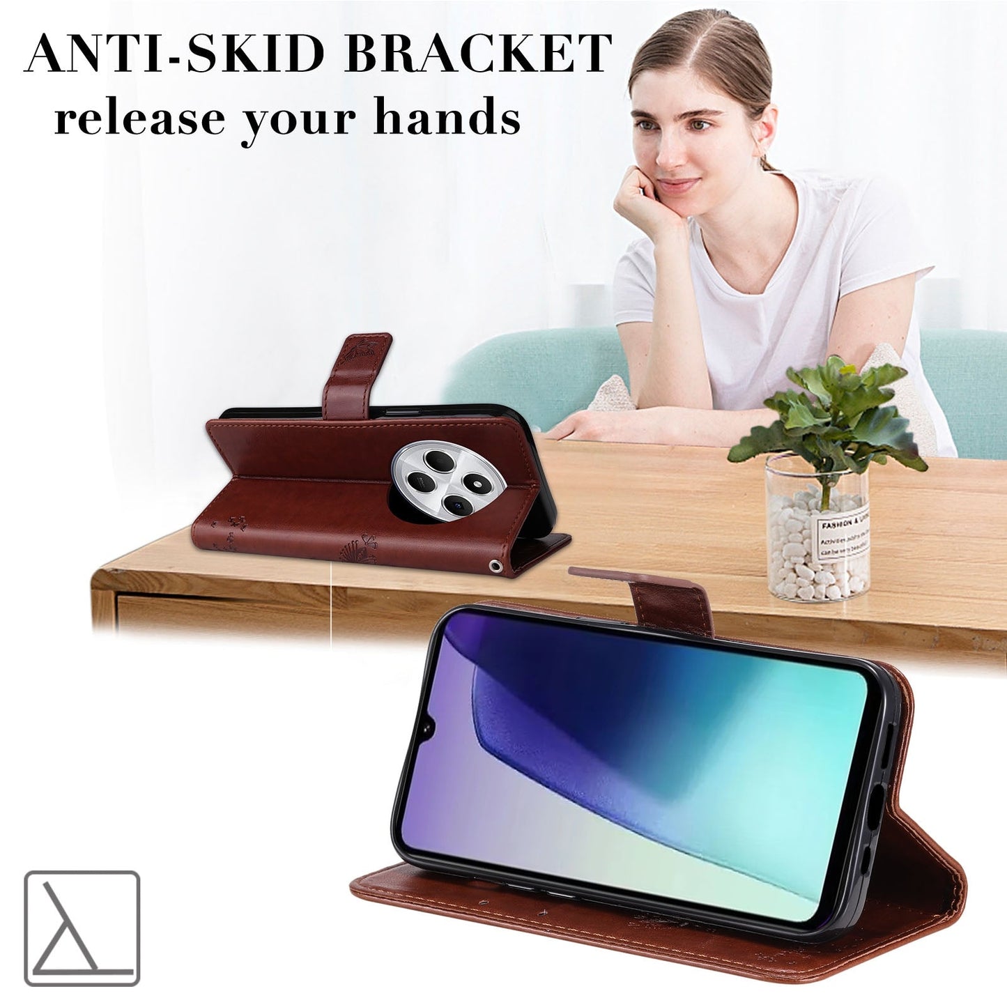 For Redmi 14C 4G Global Tree & Cat Embossed Pattern Flip Leather Phone Case(Coffee)