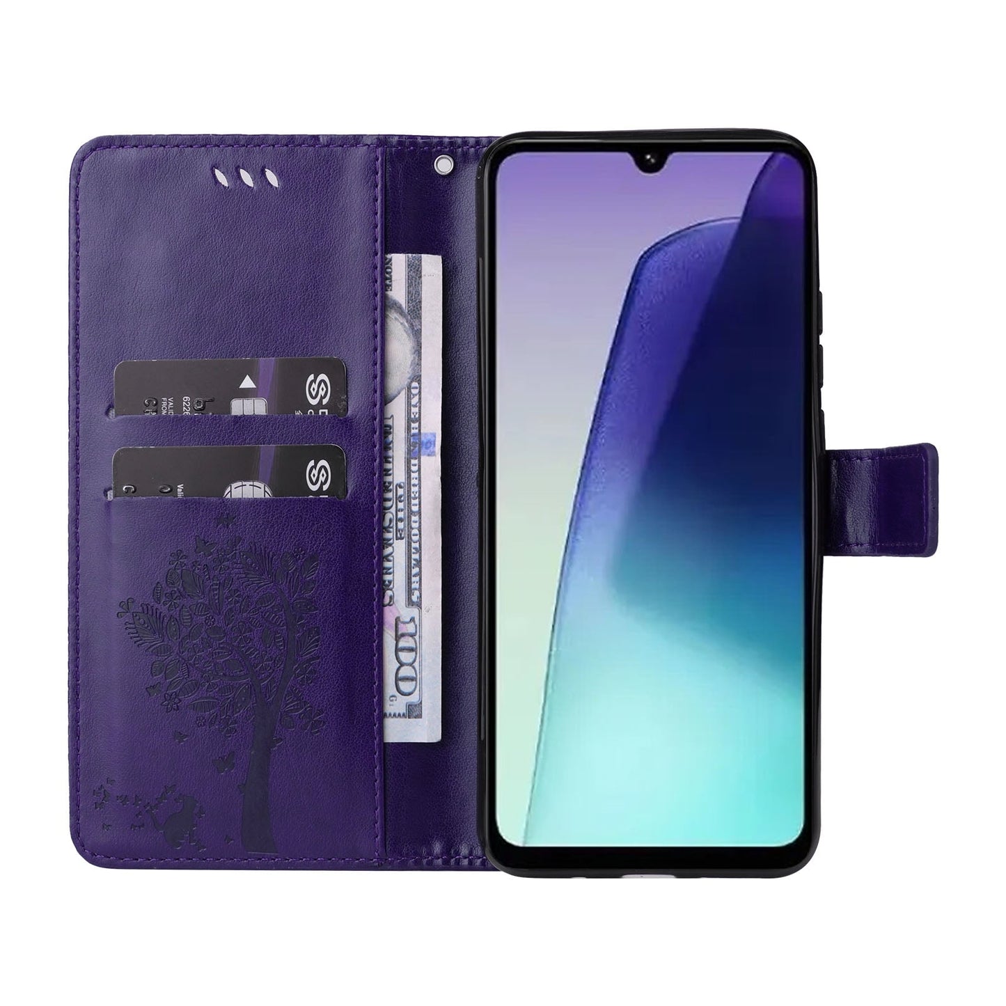 For Redmi 14C 4G Global Tree & Cat Embossed Pattern Flip Leather Phone Case(Purple)