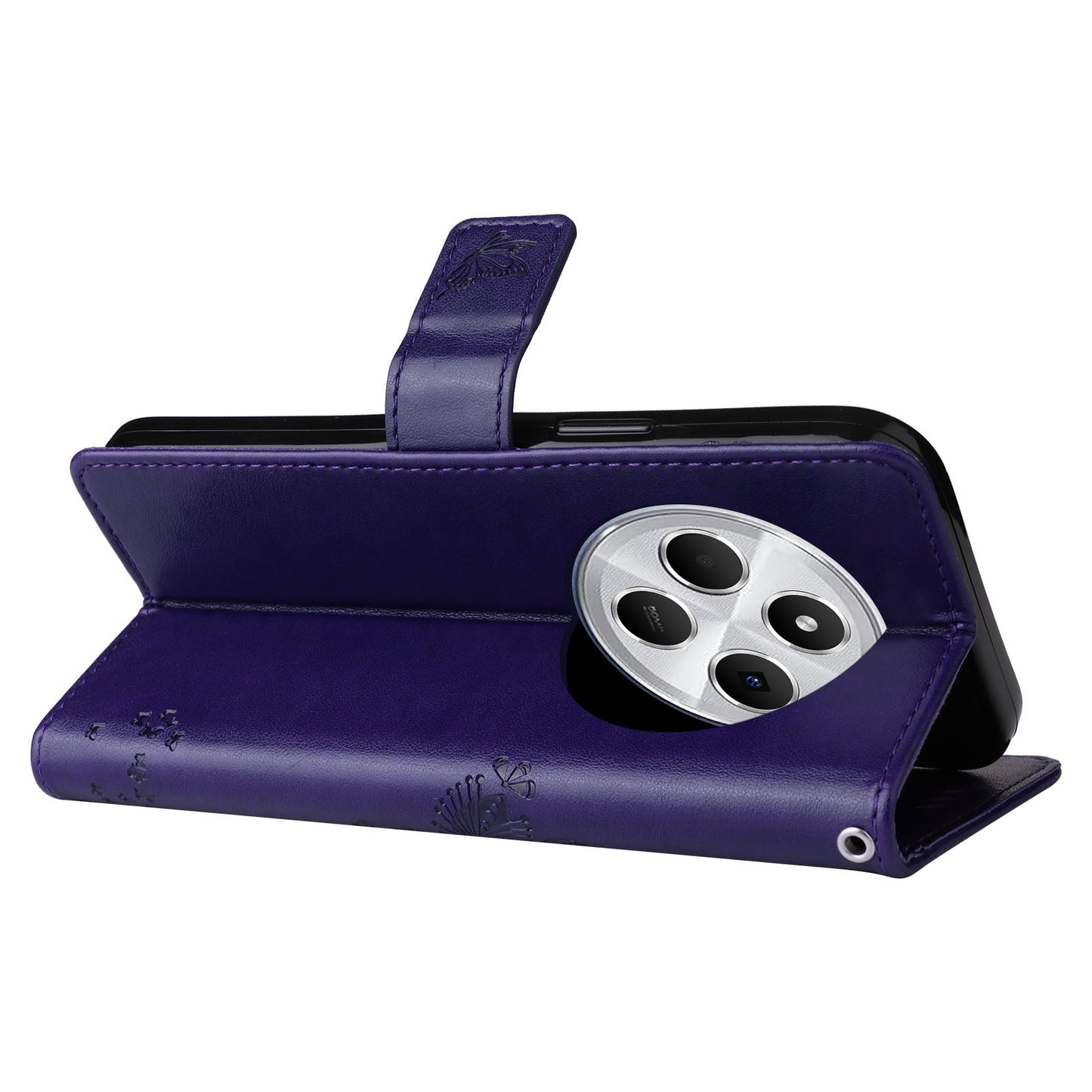 For Redmi 14C 4G Global Tree & Cat Embossed Pattern Flip Leather Phone Case(Purple)