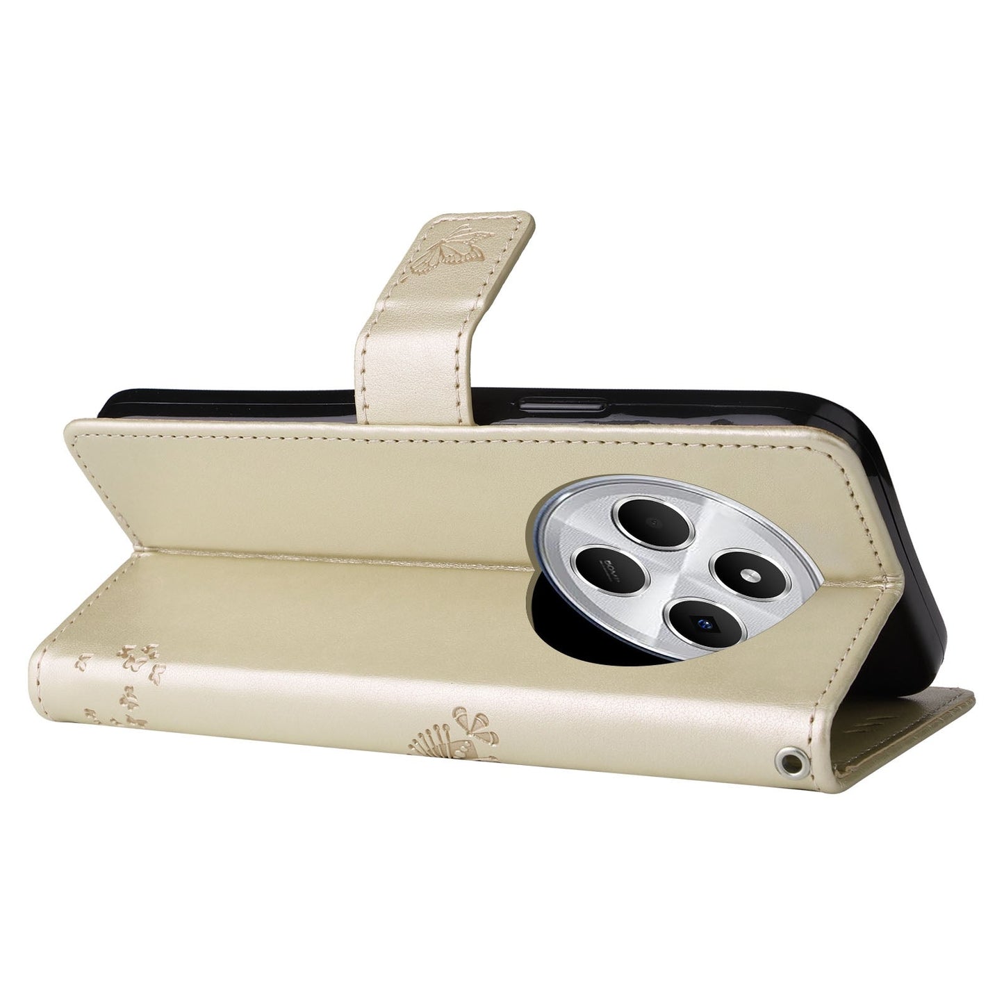 For Redmi 14C 4G Global Tree & Cat Embossed Pattern Flip Leather Phone Case(Gold)