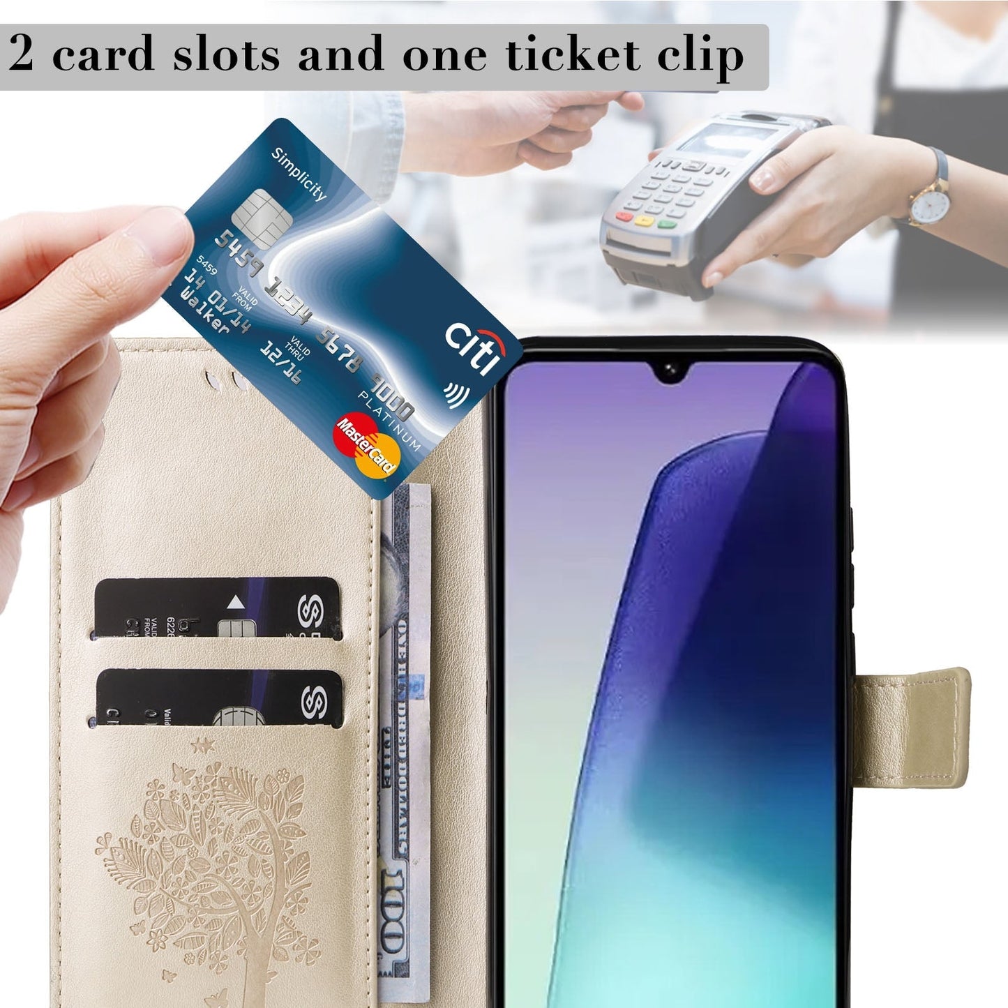 For Redmi 14C 4G Global Tree & Cat Embossed Pattern Flip Leather Phone Case(Gold)