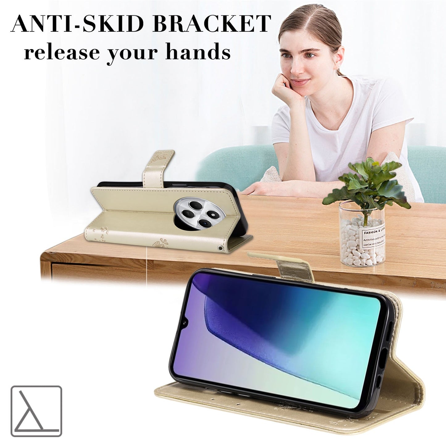 For Redmi 14C 4G Global Tree & Cat Embossed Pattern Flip Leather Phone Case(Gold)