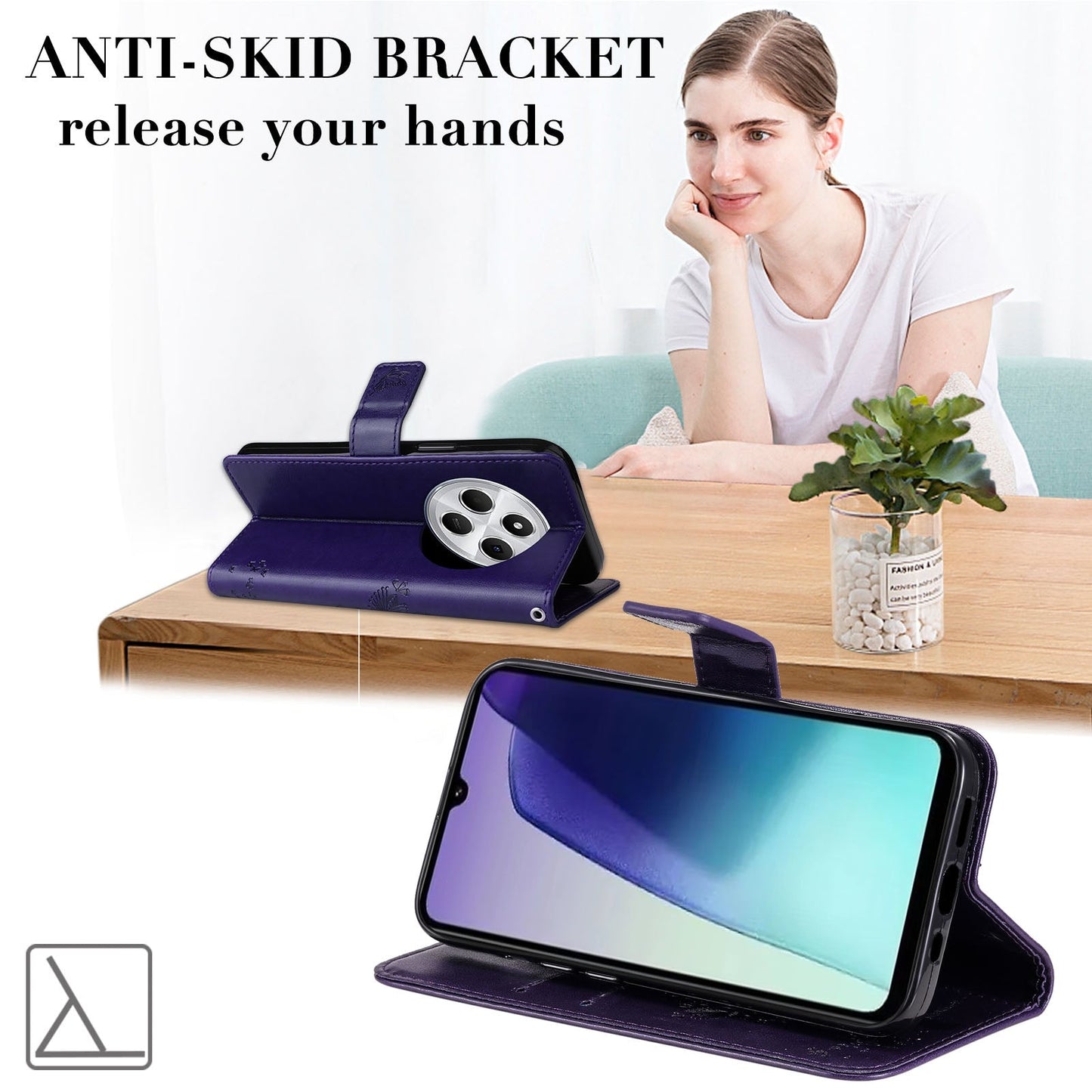 For Redmi 14C 4G Global Tree & Cat Embossed Pattern Flip Leather Phone Case(Rose Gold)