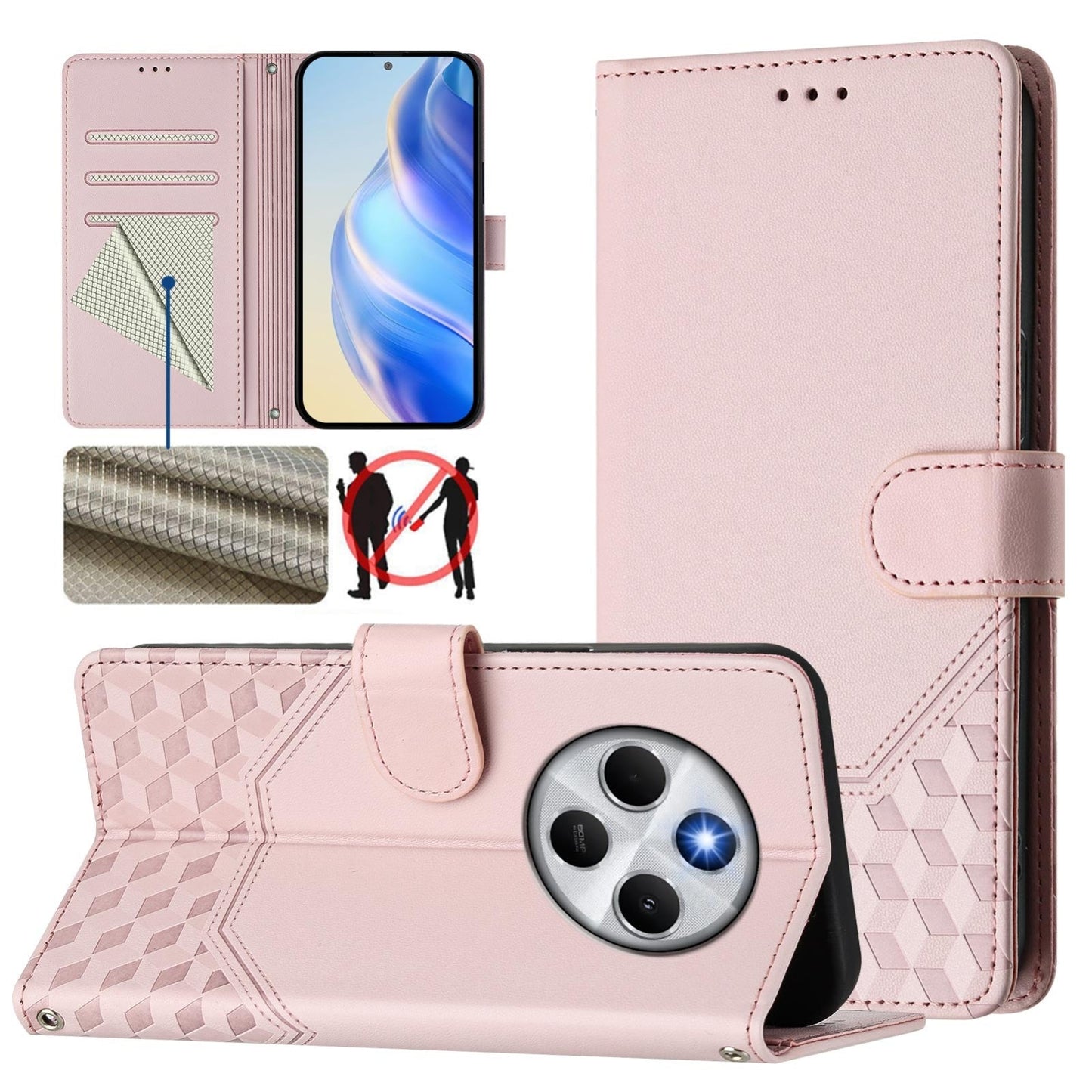 For Redmi 14C 4G Honeycomb Embossing RFID Leather Phone Case(Pink)