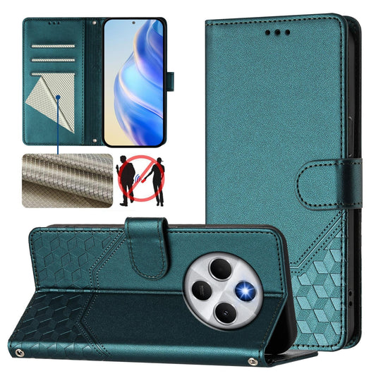 For Redmi 14C 4G Honeycomb Embossing RFID Leather Phone Case(Peacock Green)