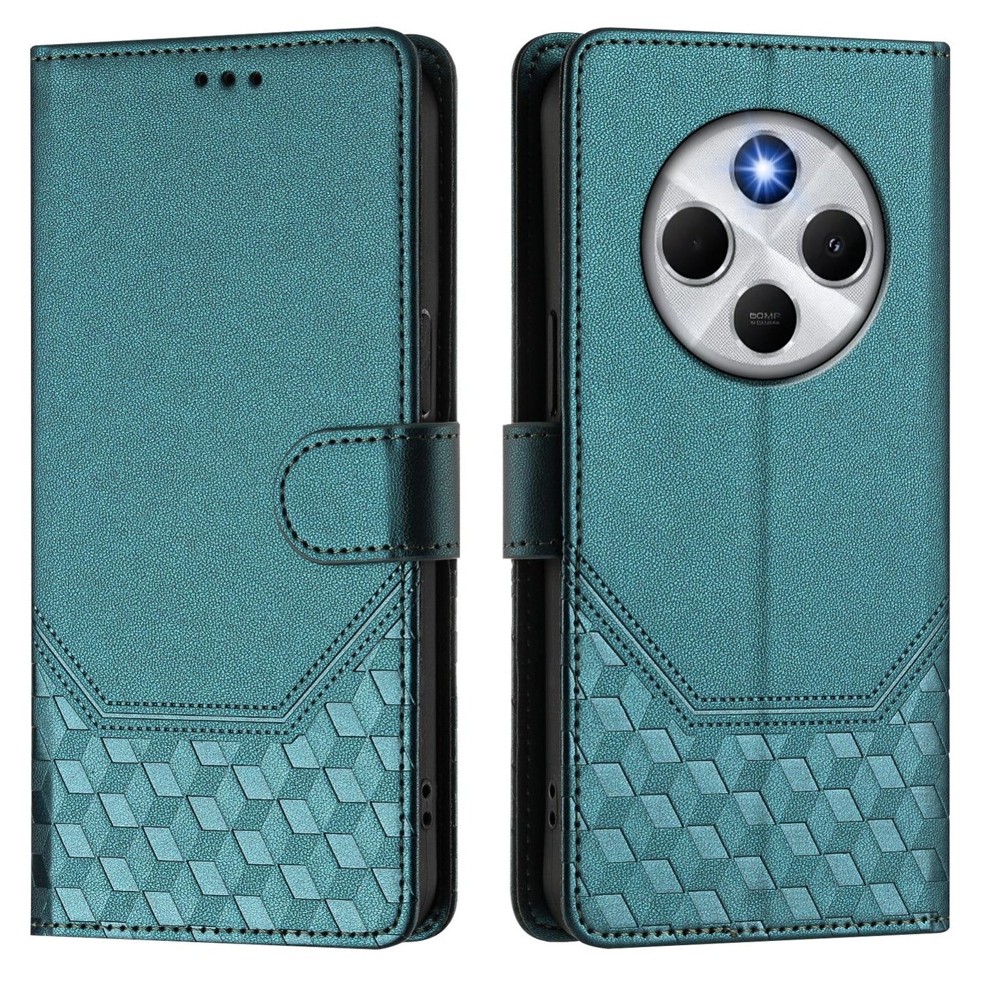 For Redmi 14C 4G Honeycomb Embossing RFID Leather Phone Case(Peacock Green)