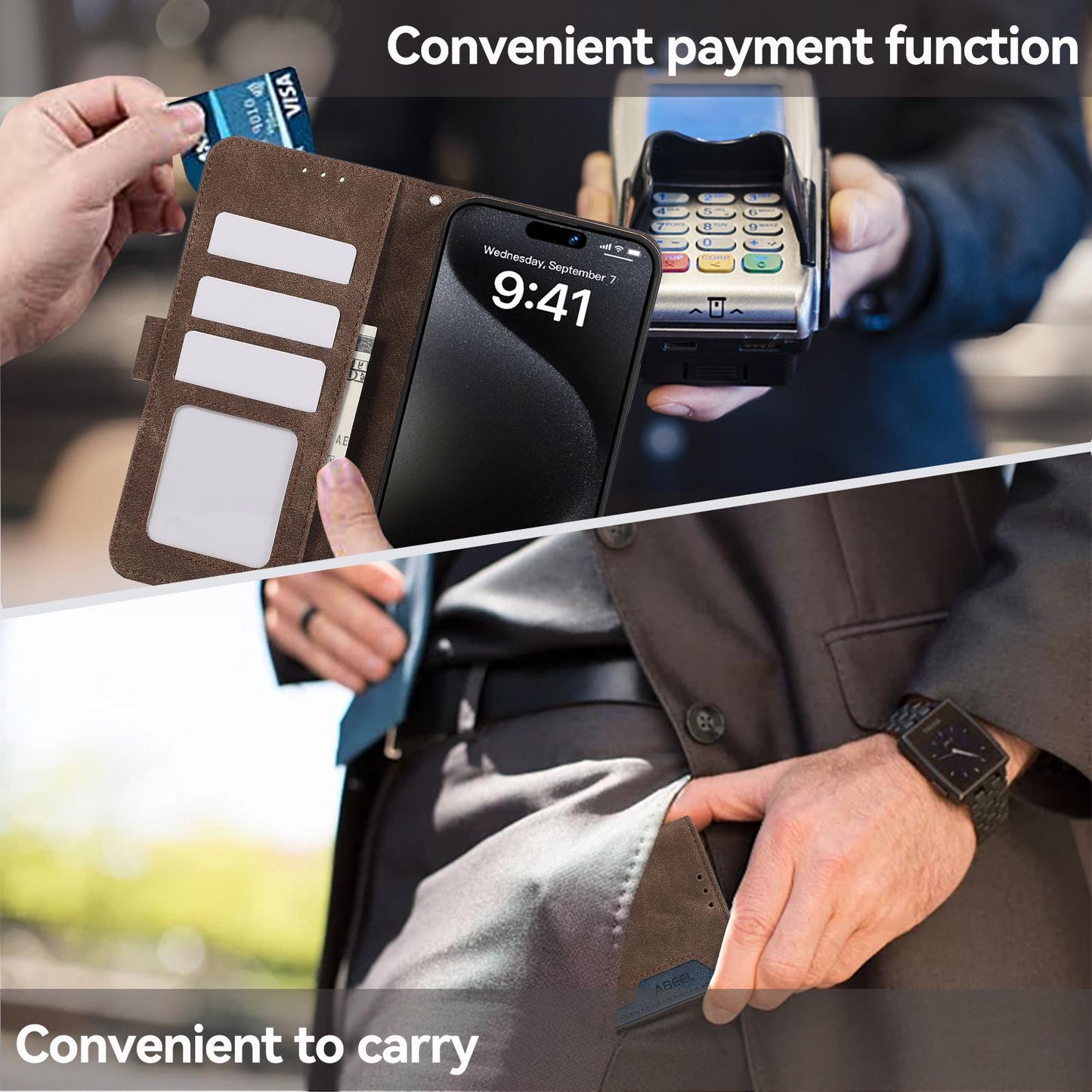 For Samsung Galaxy S25 Edge 5G ABEEL Color Block Magnetic RFID Leather Phone Case(Brown-Blue)