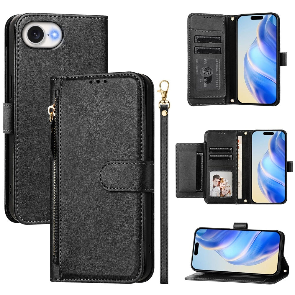 For iPhone 16e Multi-Card Slots Zipper Wallet Leather Phone Case(Black)
