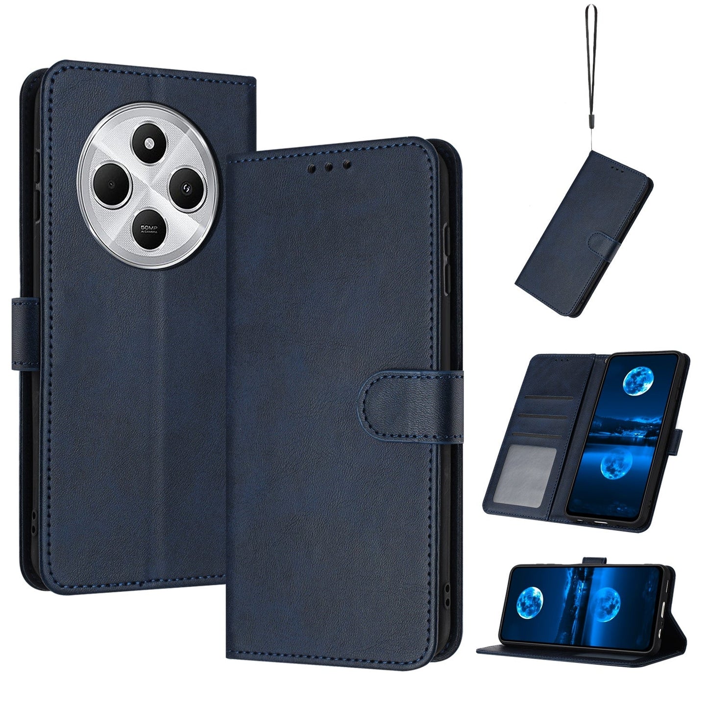 For Redmi 14C 4G Solid Calf Texture Flip Leather Phone Case(Dark Blue)