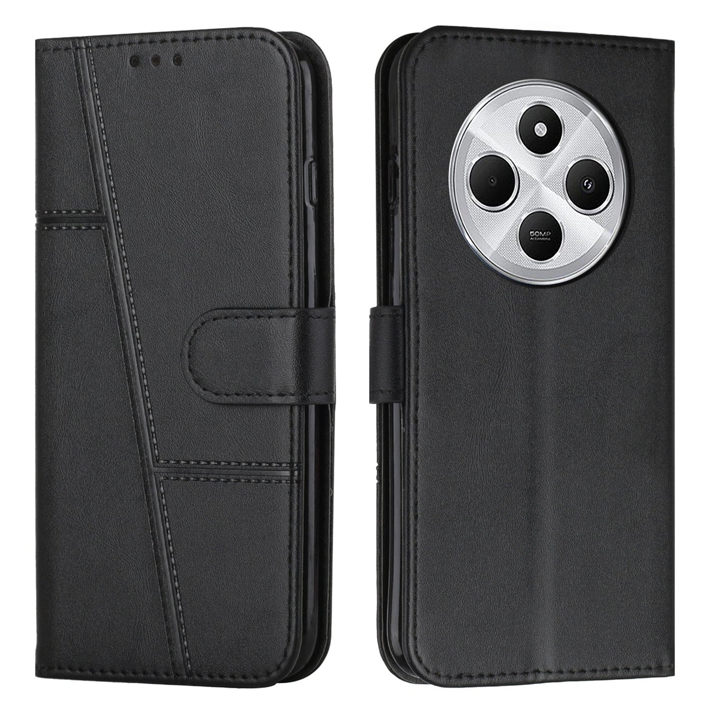 For Redmi 14C 4G Stitching Calf Texture Buckle Leather Phone Case(Black)