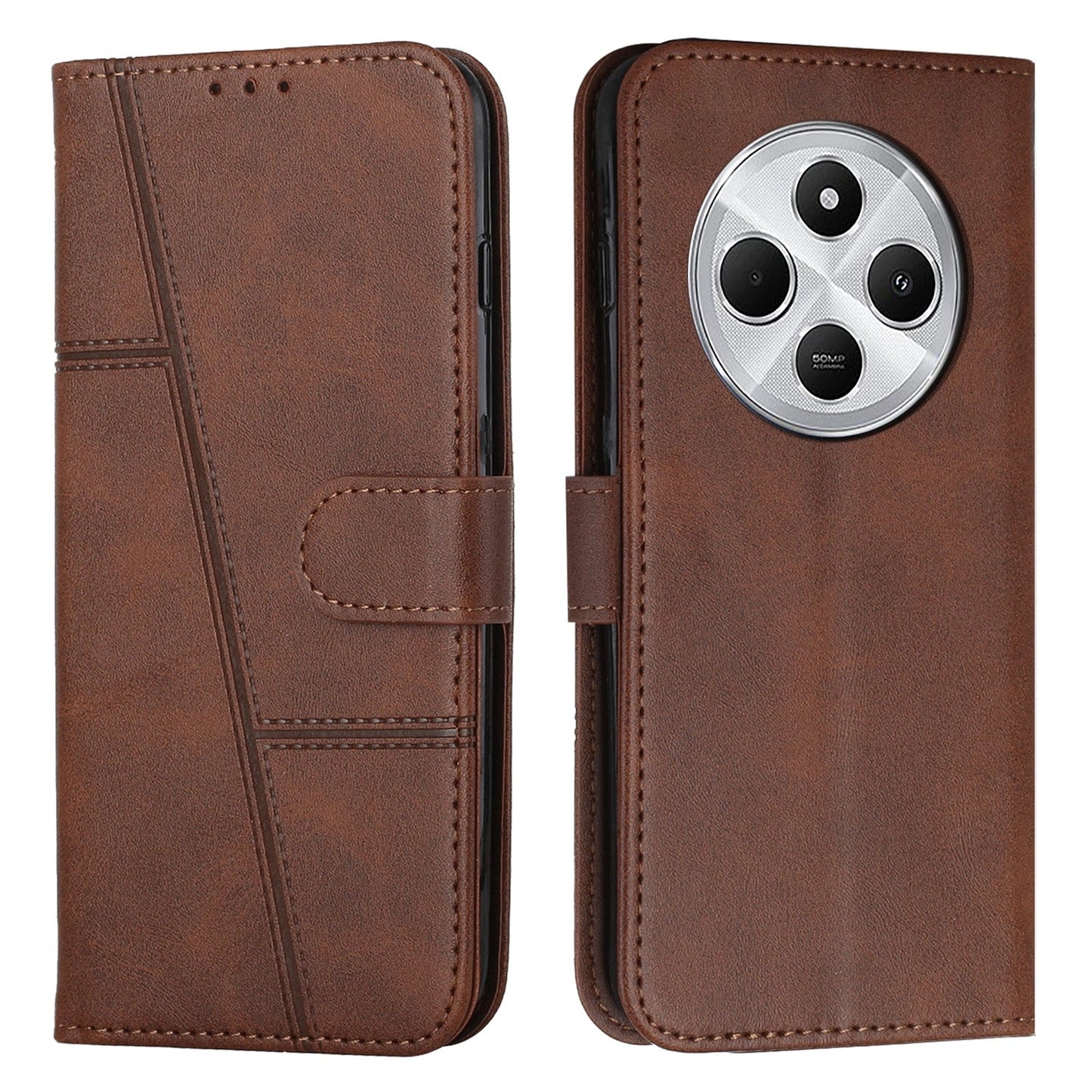 For Redmi 14C 4G Stitching Calf Texture Buckle Leather Phone Case(Brown)