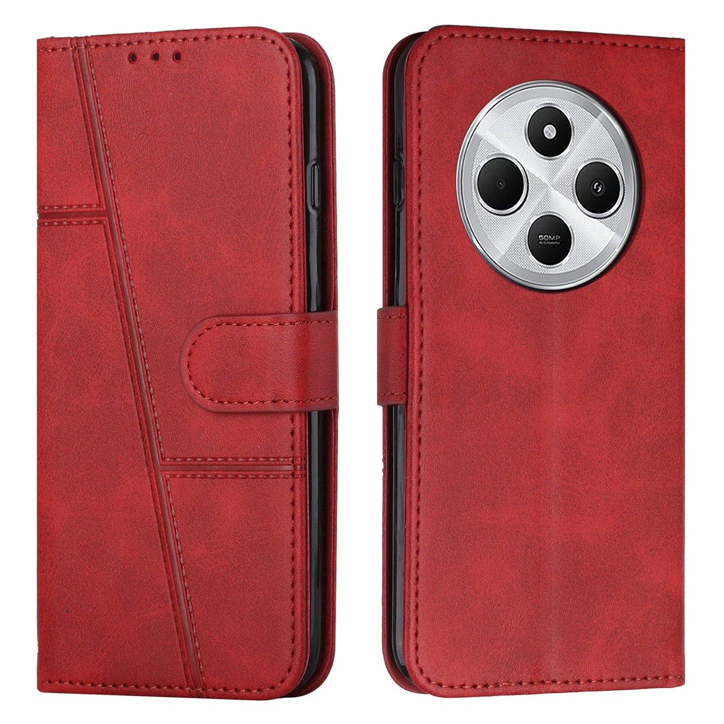 For Redmi 14C 4G Stitching Calf Texture Buckle Leather Phone Case(Red)