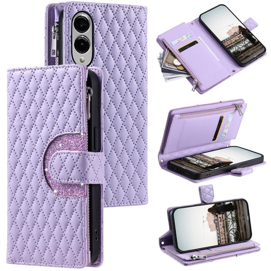 For Samsung Galaxy S25 Edge 5G Glitter Lattice Zipper Wallet Leather Phone Case(Purple)