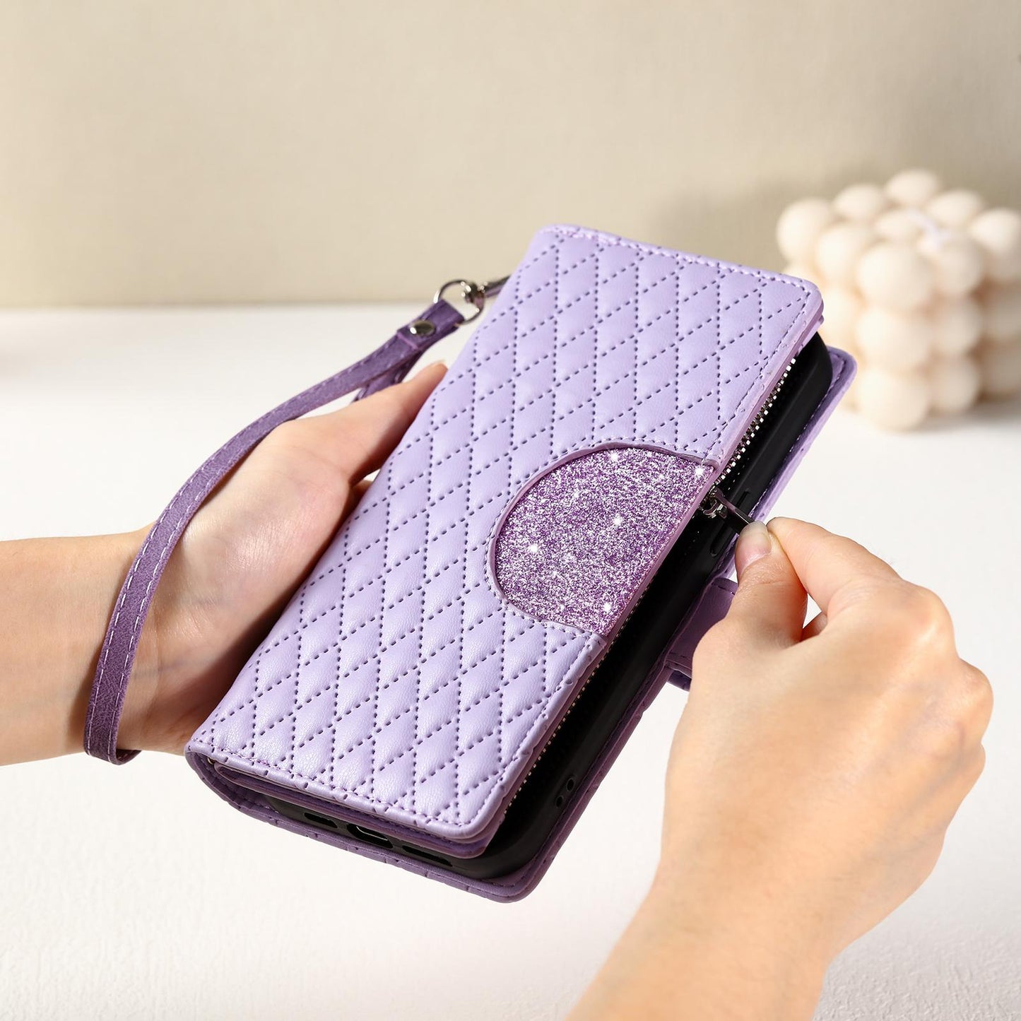 For Samsung Galaxy S25 Edge 5G Glitter Lattice Zipper Wallet Leather Phone Case(Purple)