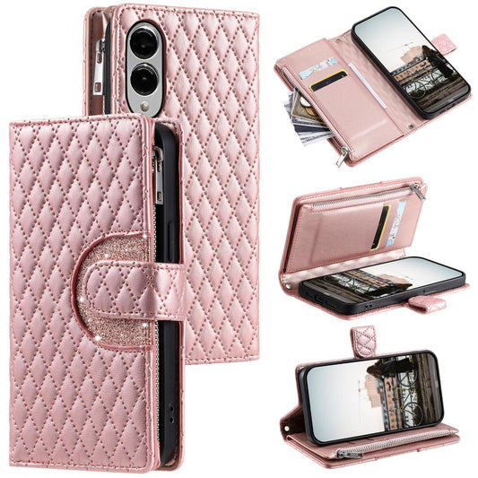 For Samsung Galaxy S25 Edge 5G Glitter Lattice Zipper Wallet Leather Phone Case(Rose Gold)