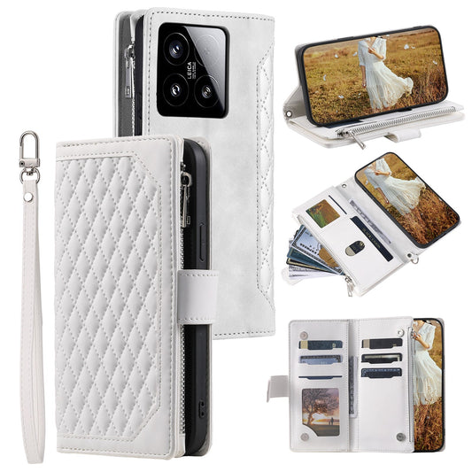 For Xiaomi 15 Grid Texture Zipper Leather Phone Case with Lanyard(White)