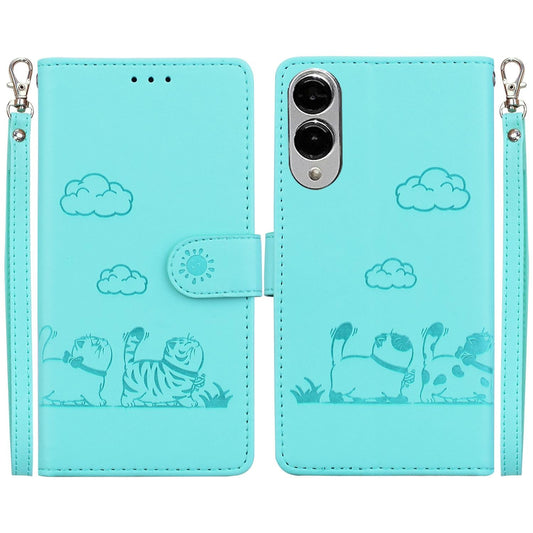 For Samsung Galaxy S25 Edge 5G Cute Cats RFID Leather Phone Case(Green)