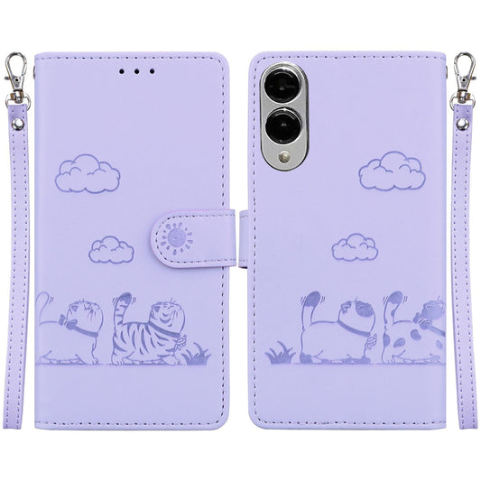 For Samsung Galaxy S25 Edge 5G Cute Cats RFID Leather Phone Case(Purple)