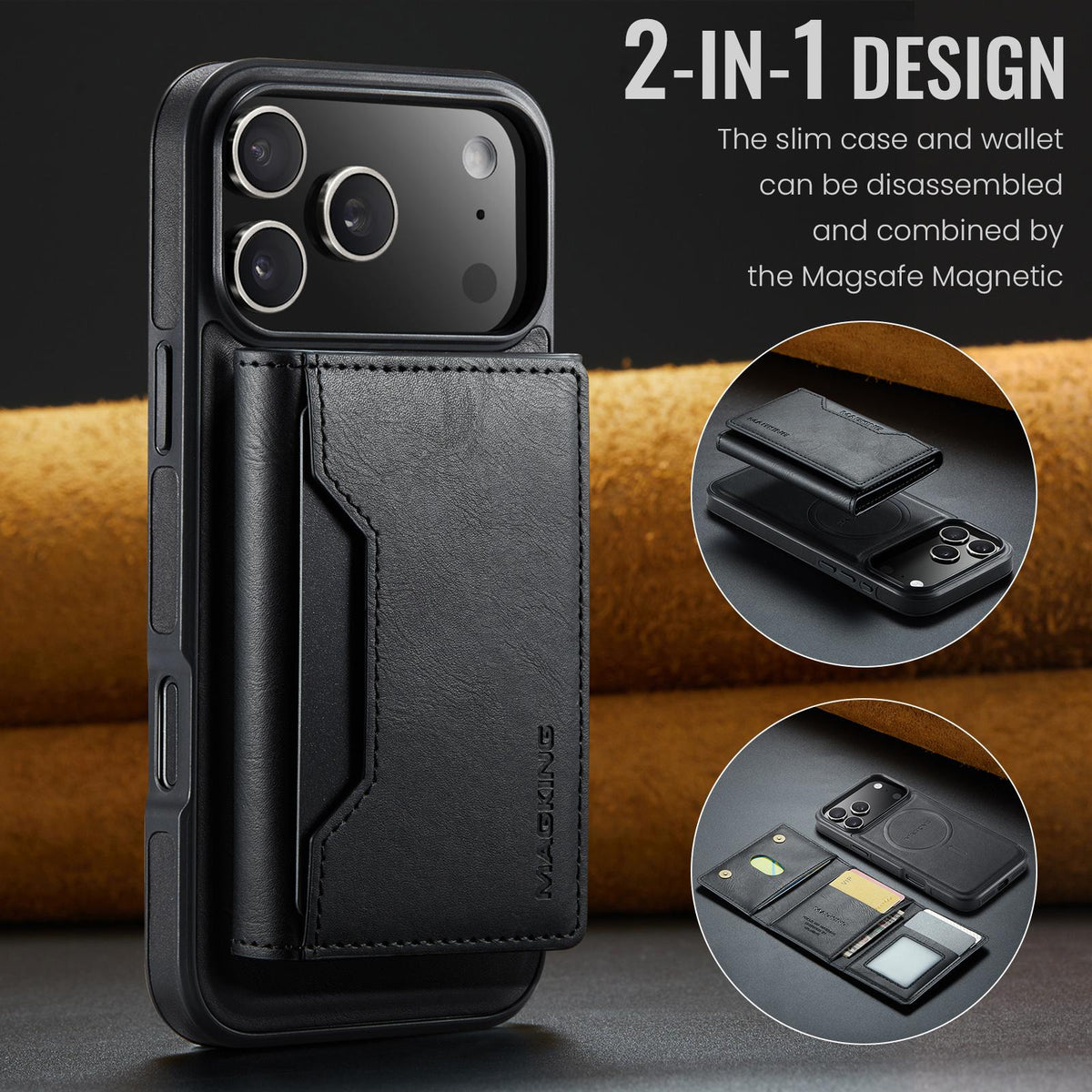 Compatible with iPhone 18 Pro Max & 17 Pro Max MAGKING K2 Series MagSafe RFID Card Bag Detachable Phone Case - Black
