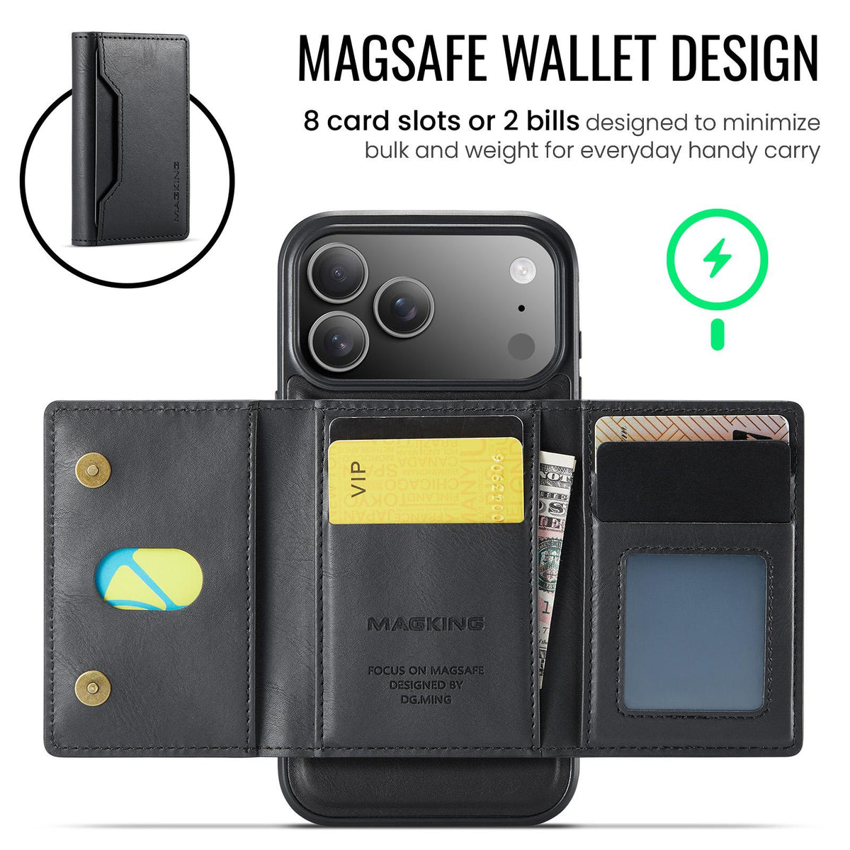 Compatible with iPhone 18 Pro Max & 17 Pro Max MAGKING K2 Series MagSafe RFID Card Bag Detachable Phone Case - Black