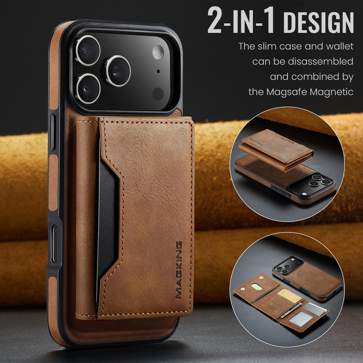 Compatible with iPhone 18 Pro Max & 17 Pro Max MAGKING K2 Series MagSafe RFID Card Bag Detachable Phone Case - Brown