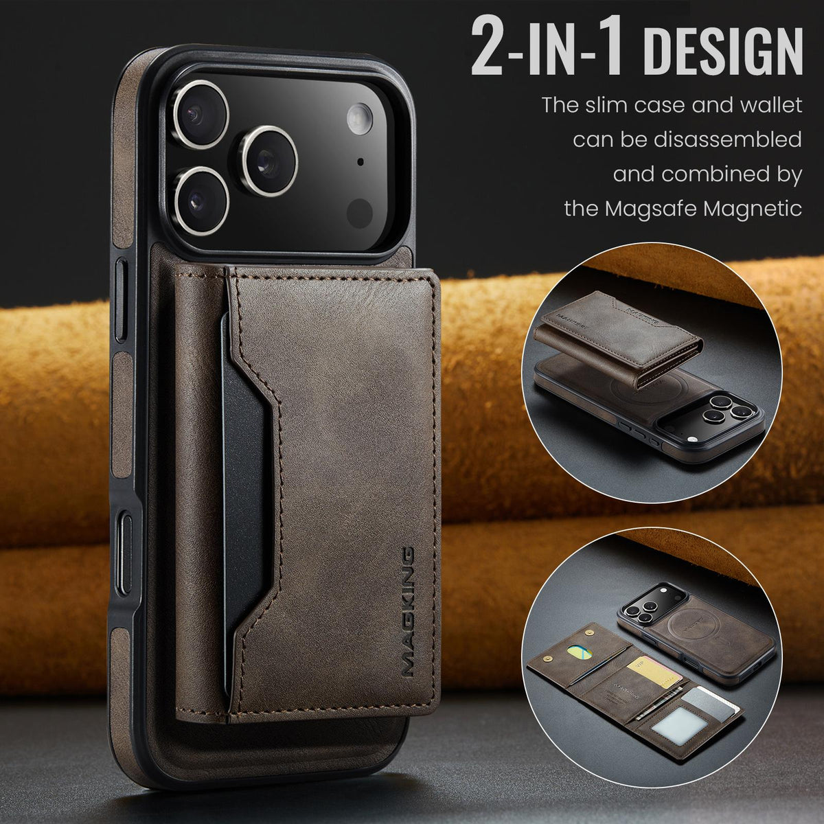 Compatible with iPhone 18 Pro Max & 17 Pro Max MAGKING K2 Series MagSafe RFID Card Bag Detachable Phone Case - Coffee