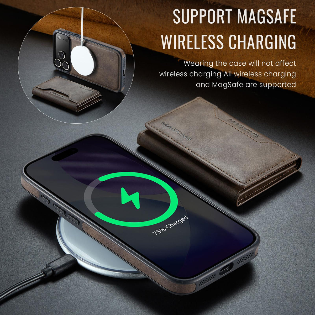 Compatible with iPhone 18 Pro Max & 17 Pro Max MAGKING K2 Series MagSafe RFID Card Bag Detachable Phone Case - Coffee
