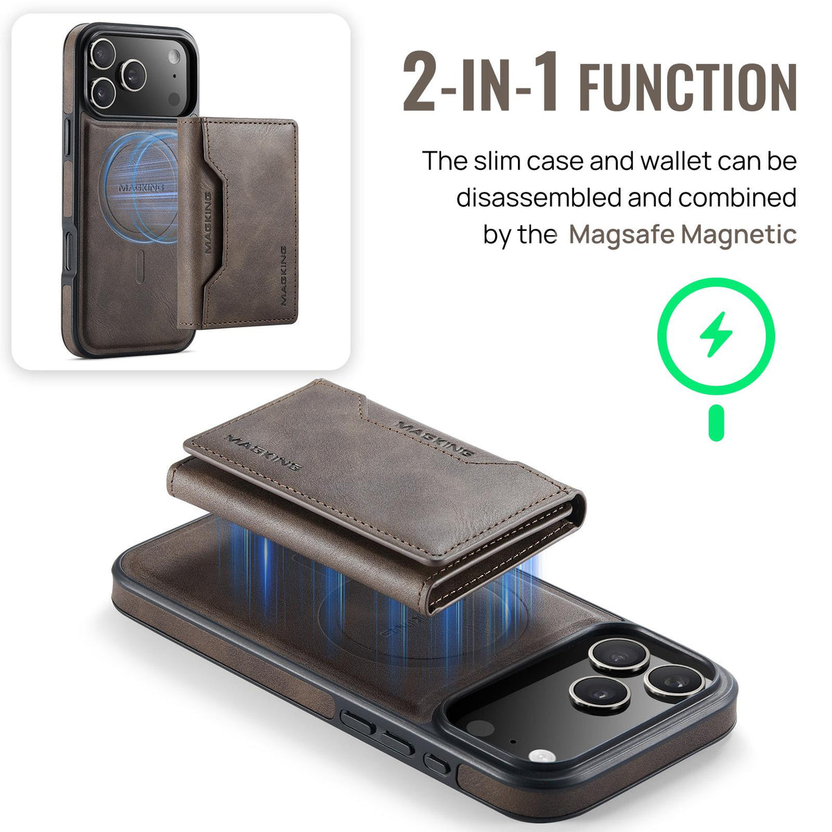 Compatible with iPhone 18 Pro Max & 17 Pro Max MAGKING K2 Series MagSafe RFID Card Bag Detachable Phone Case - Coffee