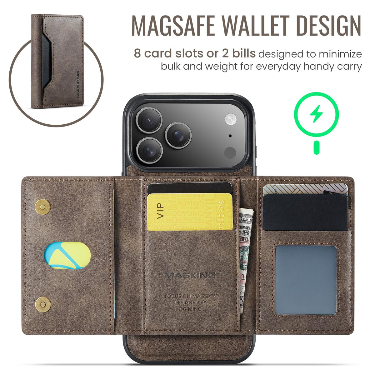 Compatible with iPhone 18 Pro Max & 17 Pro Max MAGKING K2 Series MagSafe RFID Card Bag Detachable Phone Case - Coffee