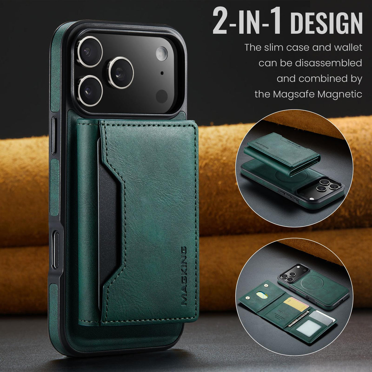 Compatible with iPhone 18 Pro Max & 17 Pro Max MAGKING K2 Series MagSafe RFID Card Bag Detachable Phone Case - Green